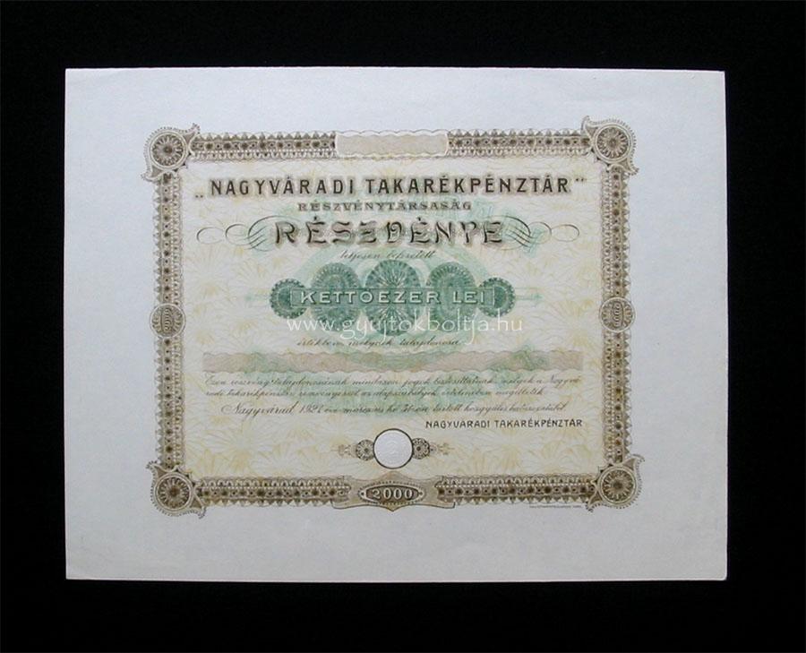 Nagyváradi Takarékpénztár részvény 2000 lei 1921 (ROU)